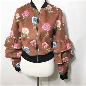 Jealous Tomato Micro Suede Floral Bomber Jacket Brown Size Small